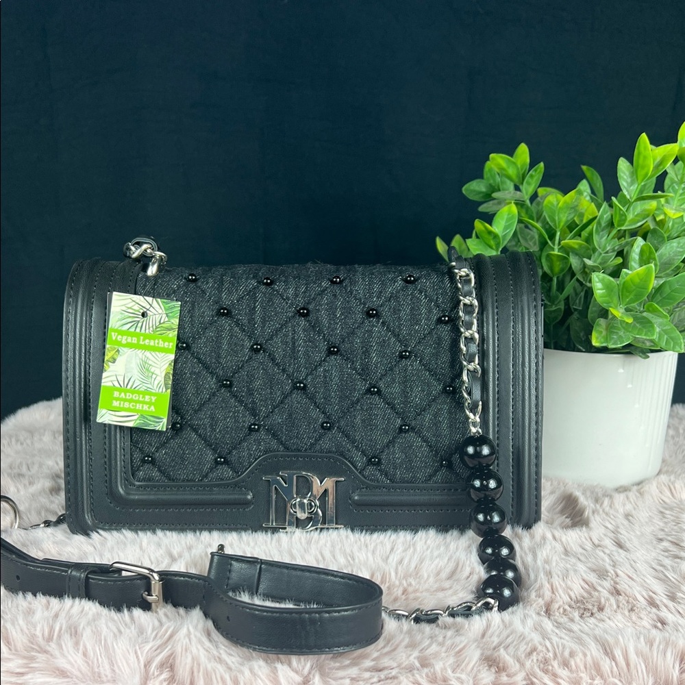 Badgley Mischka Black Denim Vegan Leather Shoulder Crossbody Bag